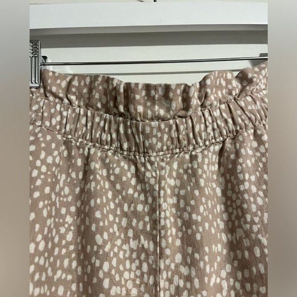 Express Linen Pants Wide Leg Super High Rise Tan White Spots Ruffle Hem - Picture 3 of 6